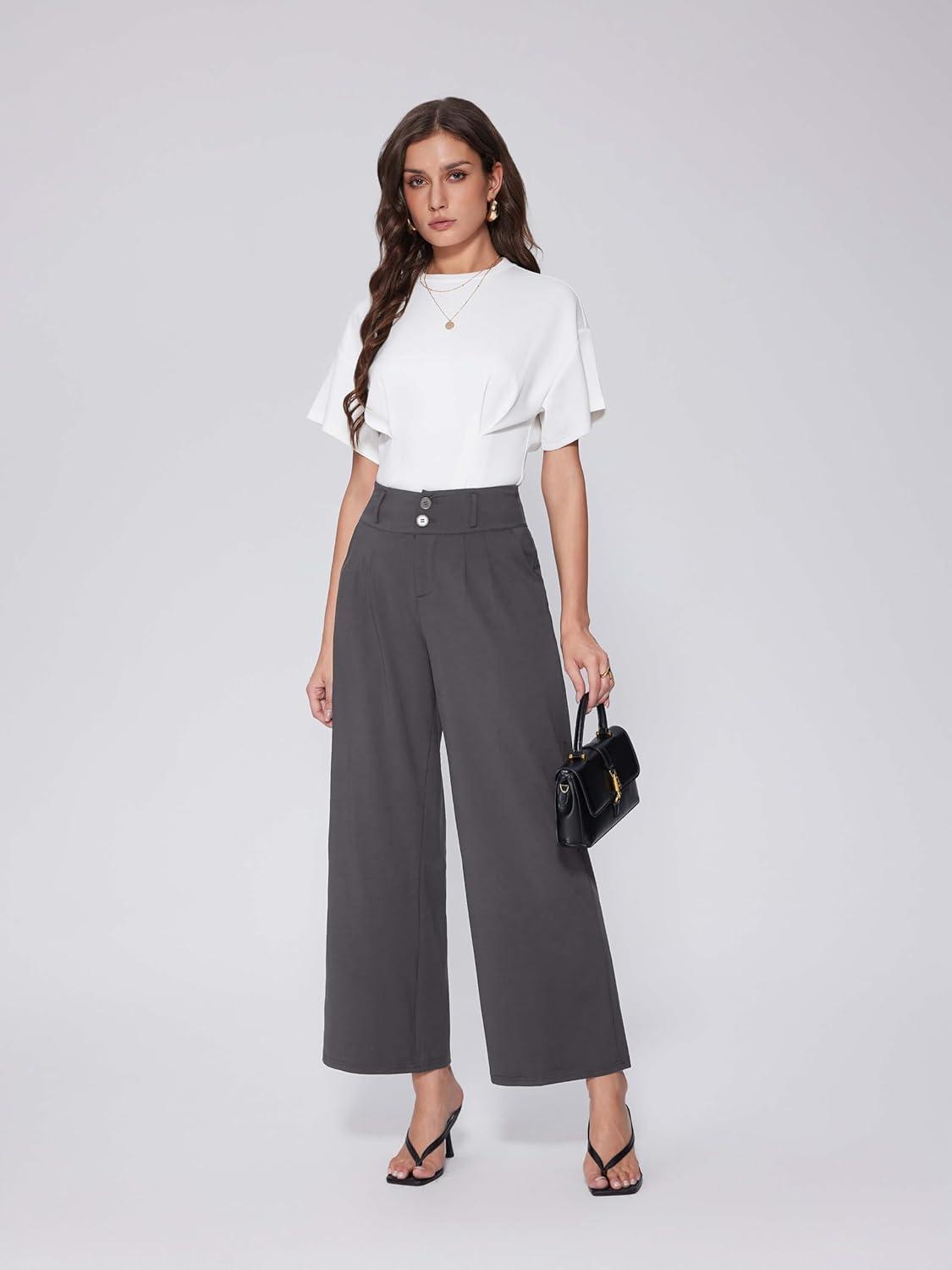 imageVinova Womens Wide Straight Leg Pants Buttoned Stretchy High Waisted Business Casual Pants with PocketsGrey