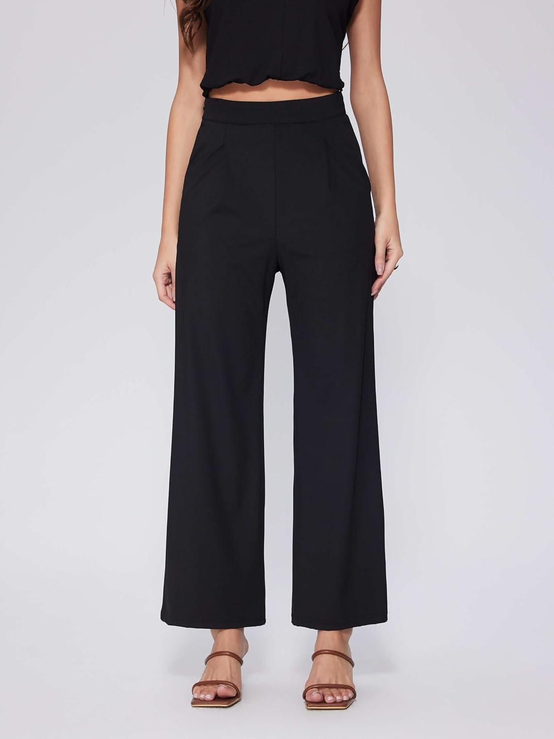 imageVinova Womens Wide Straight Leg Pants Stretchy Summer High Waisted Casual Lounge Pants with PocketsBlack