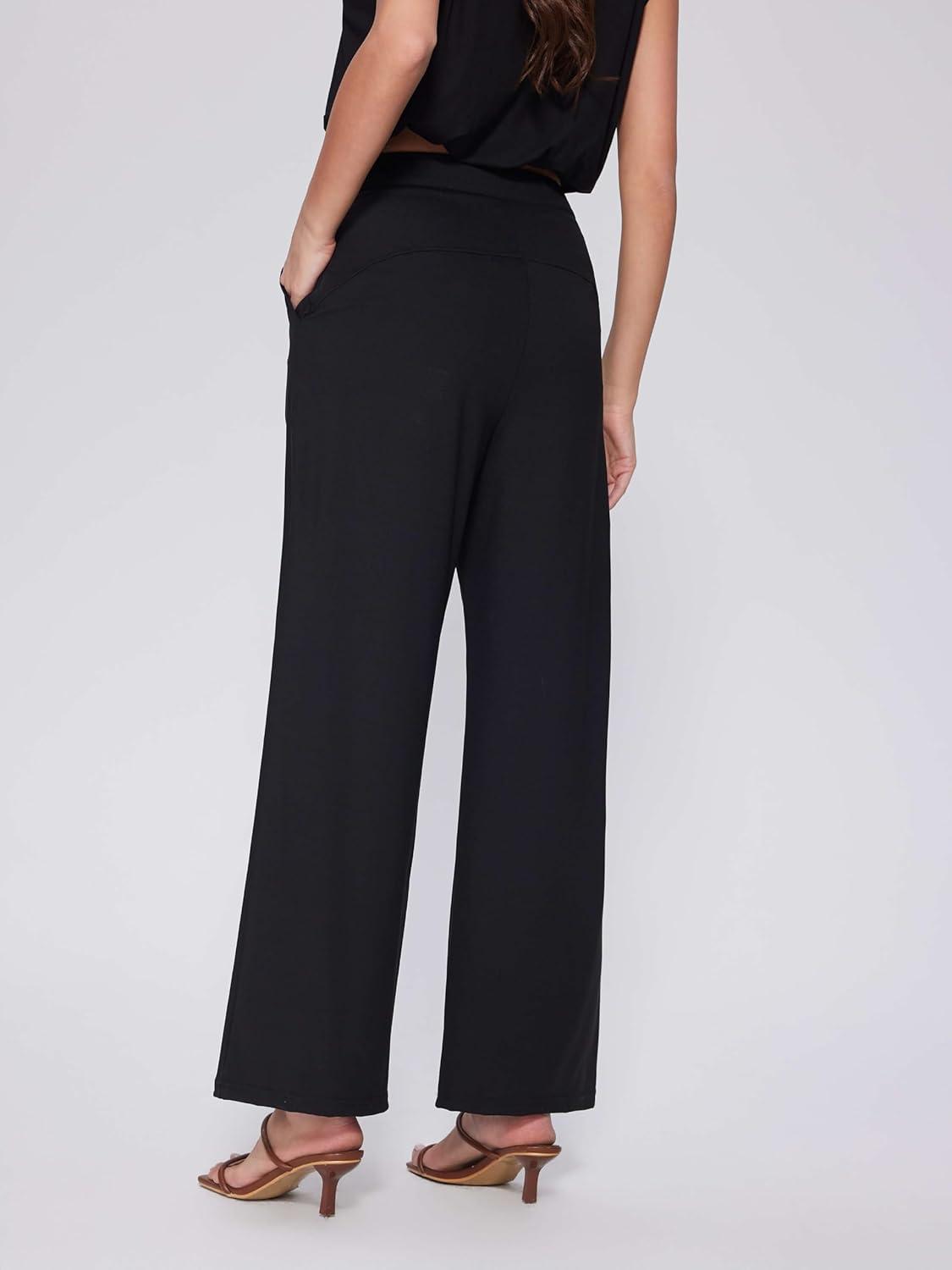 imageVinova Womens Wide Straight Leg Pants Stretchy Summer High Waisted Casual Lounge Pants with PocketsBlack