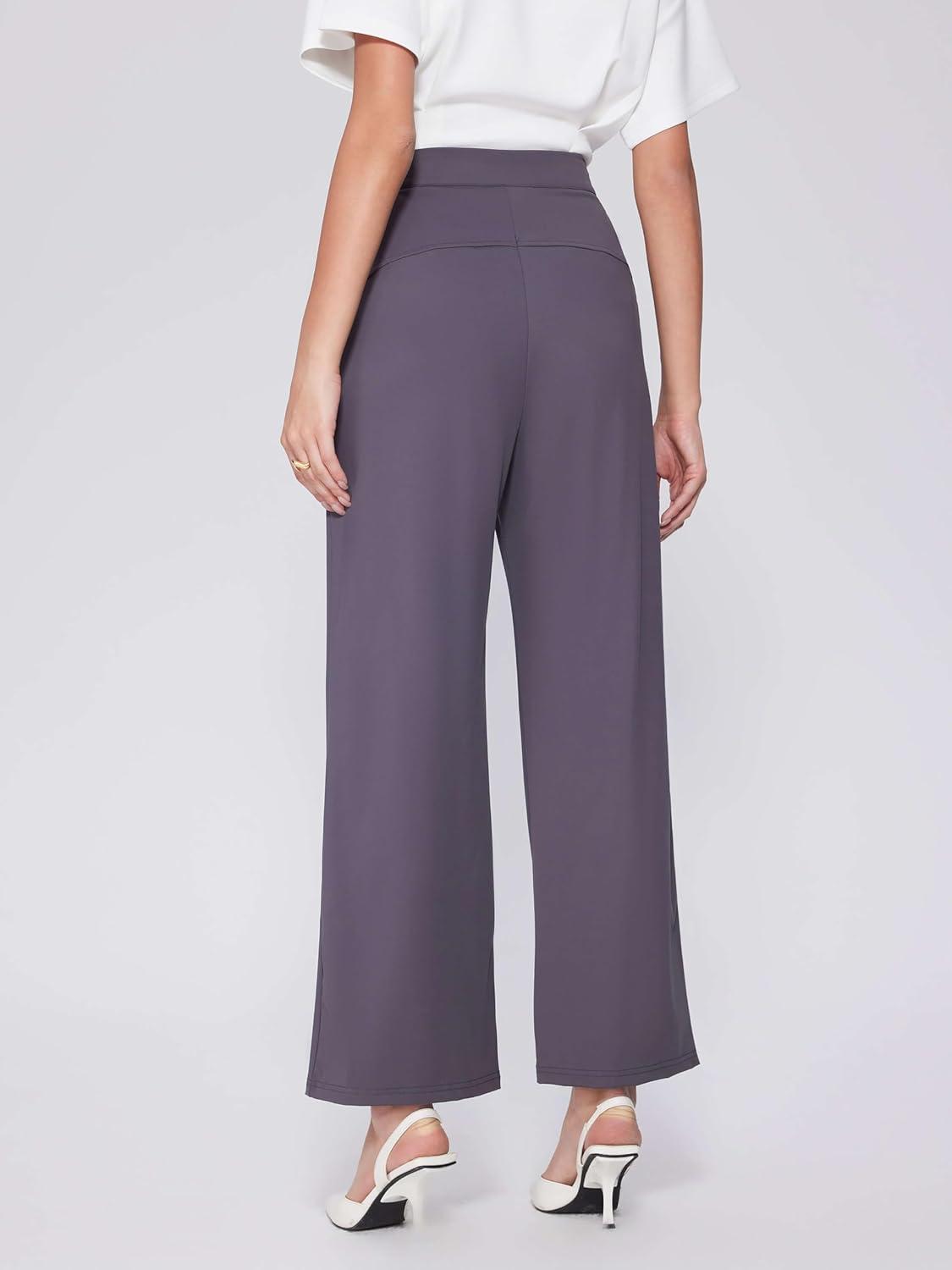 imageVinova Womens Wide Straight Leg Pants Stretchy Summer High Waisted Casual Lounge Pants with PocketsDark Grey