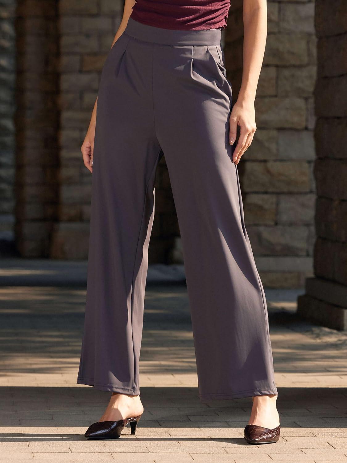 imageVinova Womens Wide Straight Leg Pants Stretchy Summer High Waisted Casual Lounge Pants with PocketsDark Grey