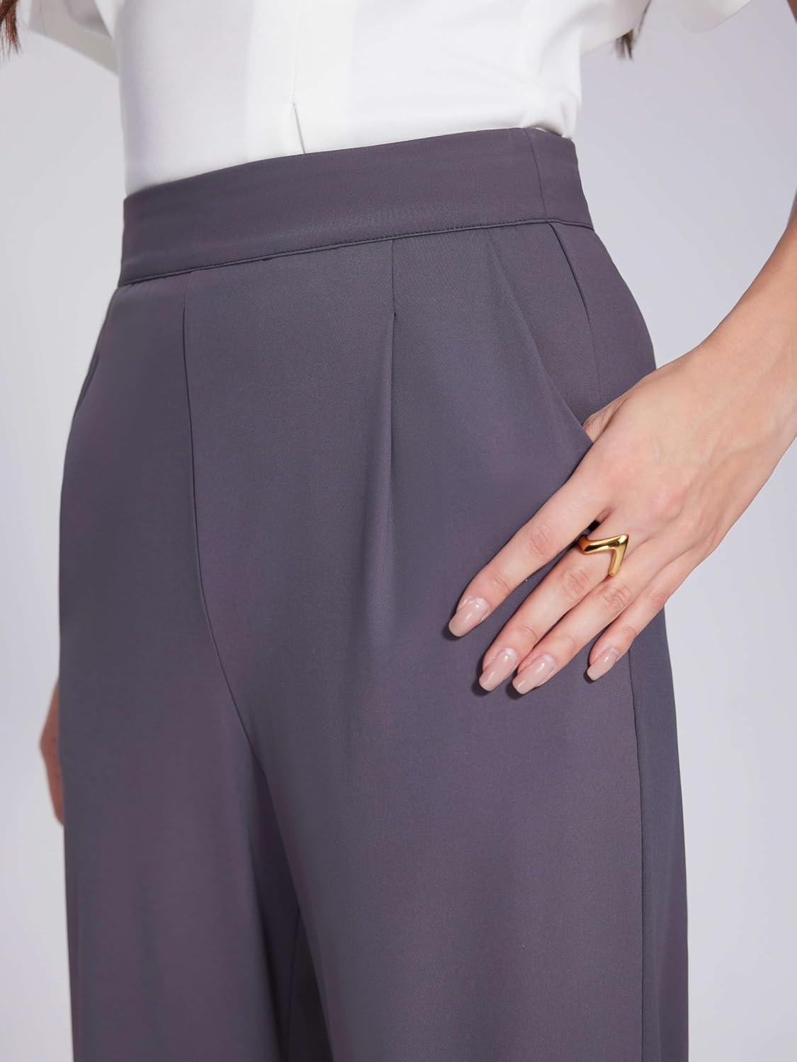 imageVinova Womens Wide Straight Leg Pants Stretchy Summer High Waisted Casual Lounge Pants with PocketsDark Grey