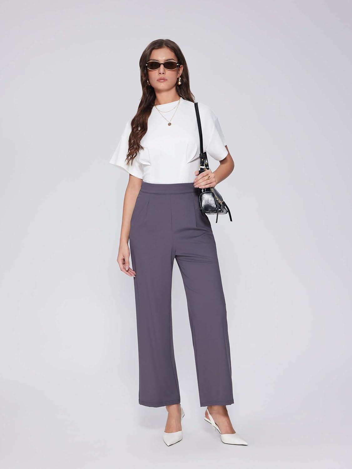 imageVinova Womens Wide Straight Leg Pants Stretchy Summer High Waisted Casual Lounge Pants with PocketsDark Grey