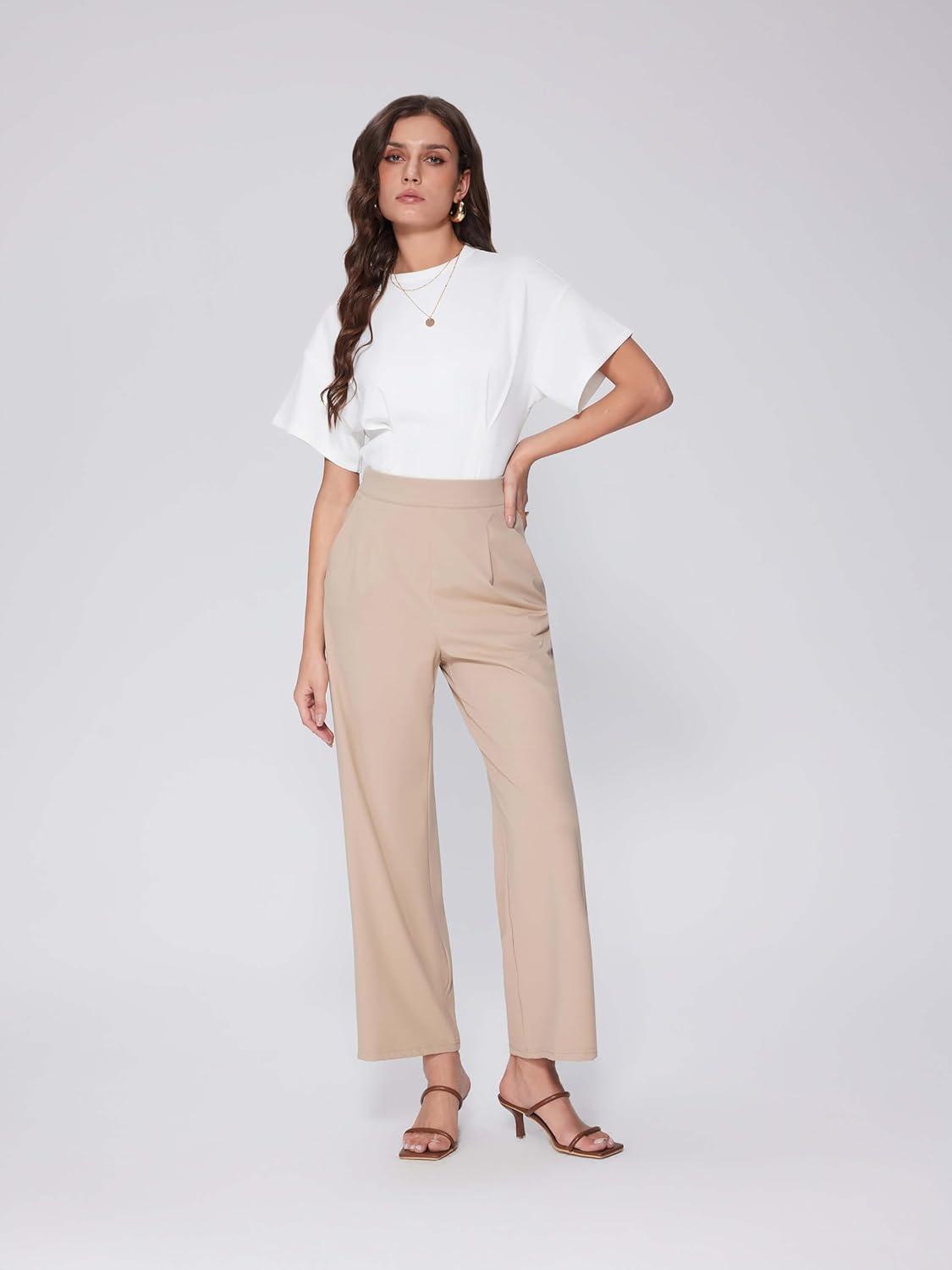 imageVinova Womens Wide Straight Leg Pants Stretchy Summer High Waisted Casual Lounge Pants with PocketsKhaki