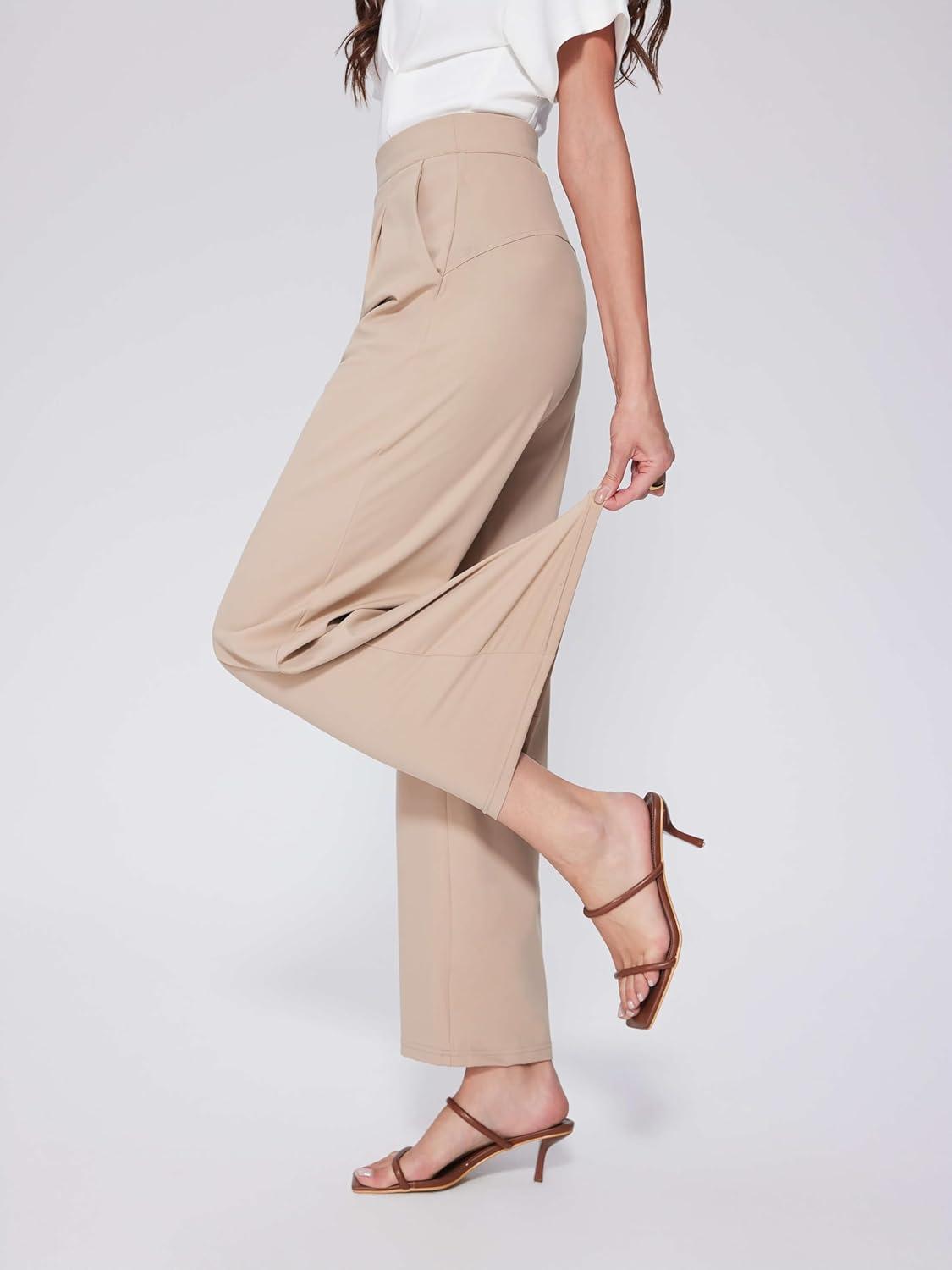 imageVinova Womens Wide Straight Leg Pants Stretchy Summer High Waisted Casual Lounge Pants with PocketsKhaki