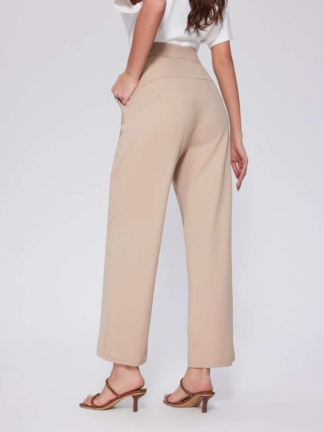 imageVinova Womens Wide Straight Leg Pants Stretchy Summer High Waisted Casual Lounge Pants with PocketsKhaki