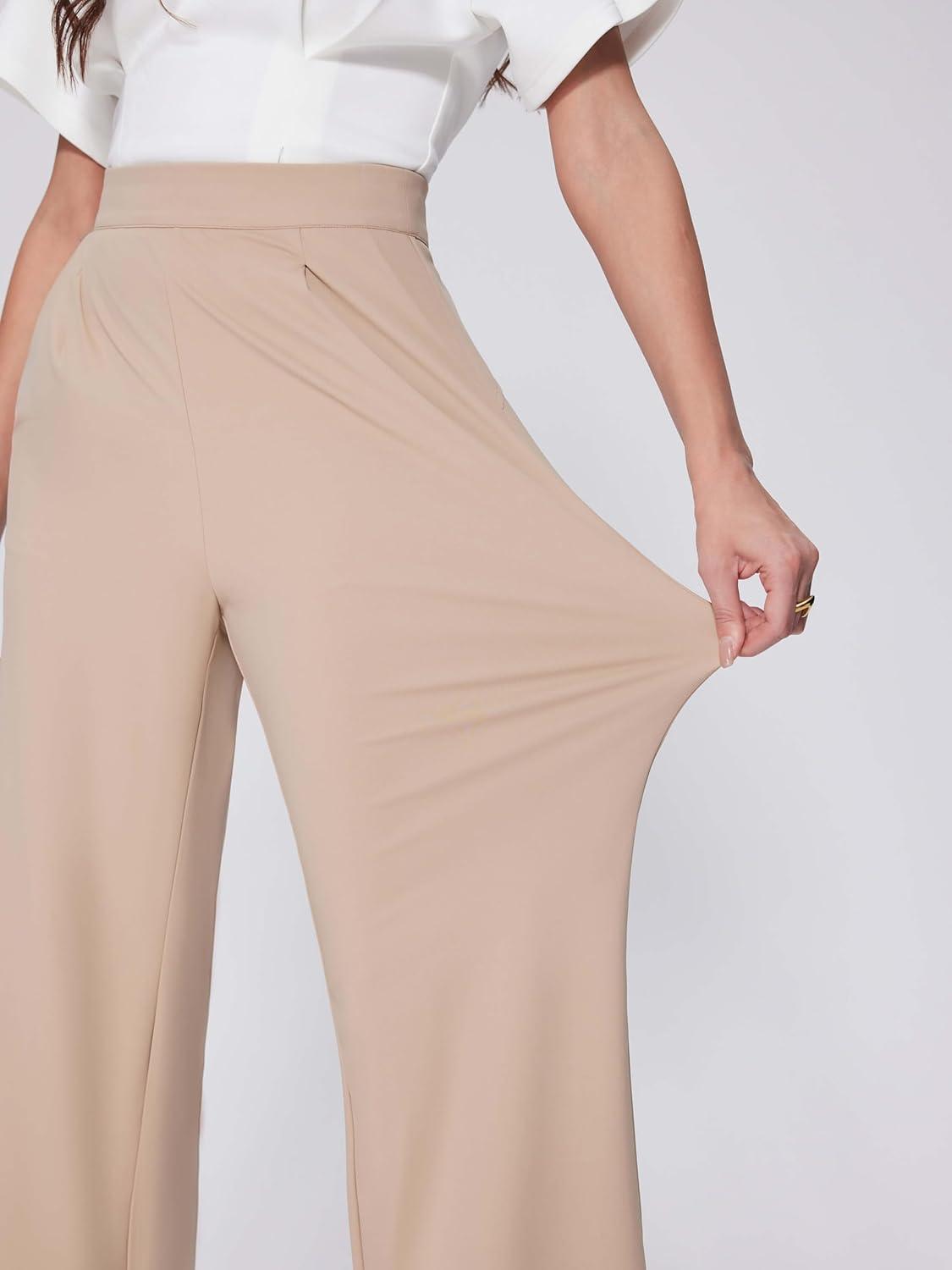 imageVinova Womens Wide Straight Leg Pants Stretchy Summer High Waisted Casual Lounge Pants with PocketsKhaki