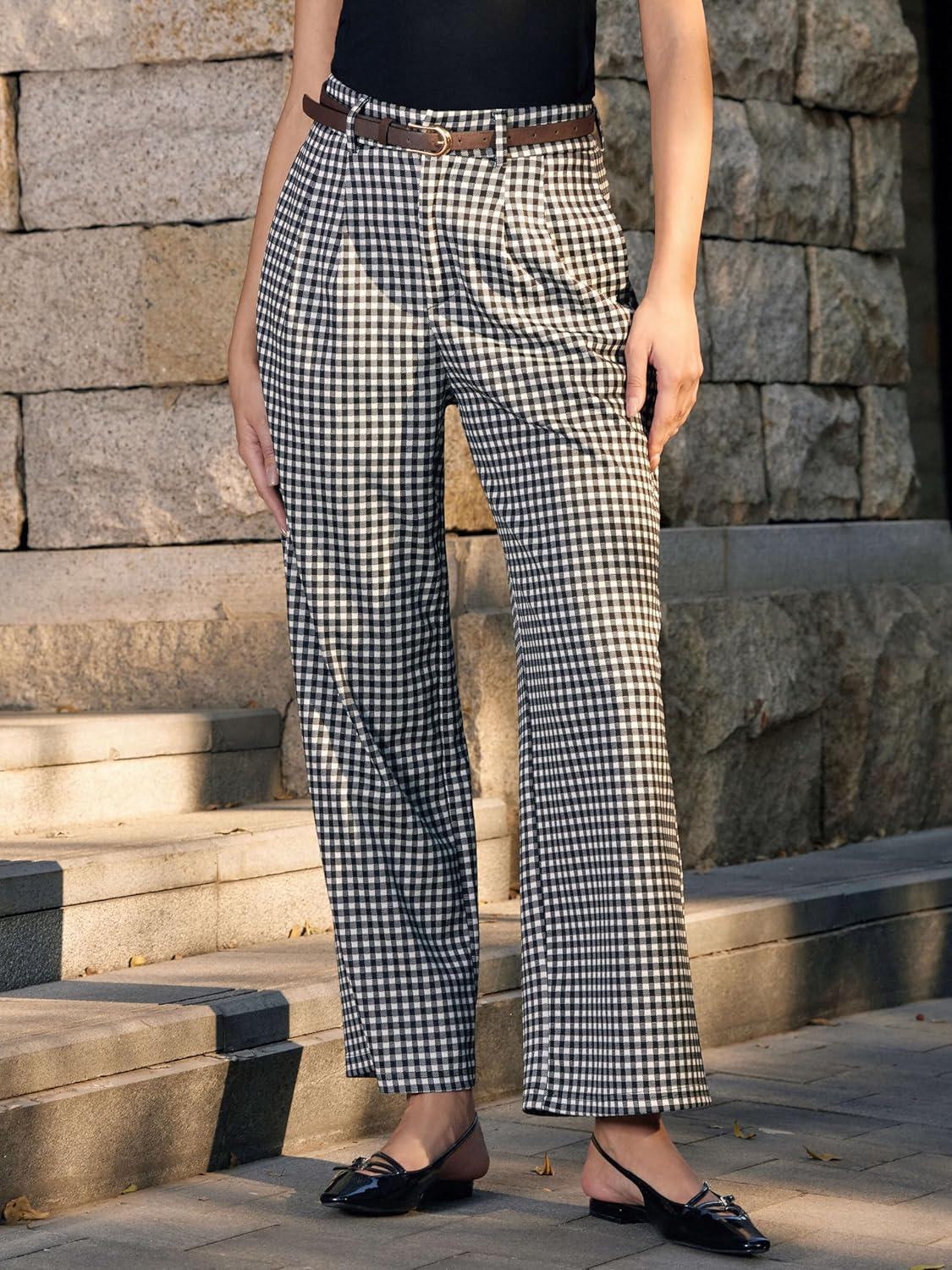 imageVinova Womens Wide Straight Leg Pants Summer Plaid Pleated High Waisted Casual Work PantsBlack