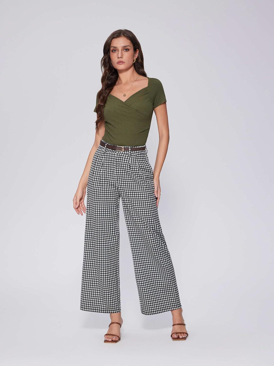 imageVinova Womens Wide Straight Leg Pants Summer Plaid Pleated High Waisted Casual Work PantsBlack