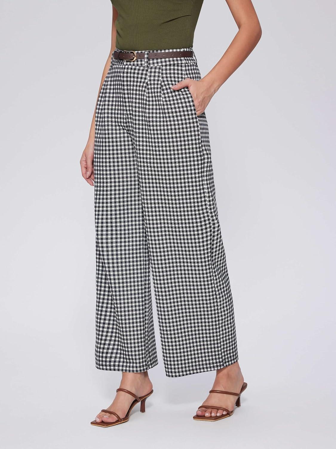 imageVinova Womens Wide Straight Leg Pants Summer Plaid Pleated High Waisted Casual Work PantsBlack