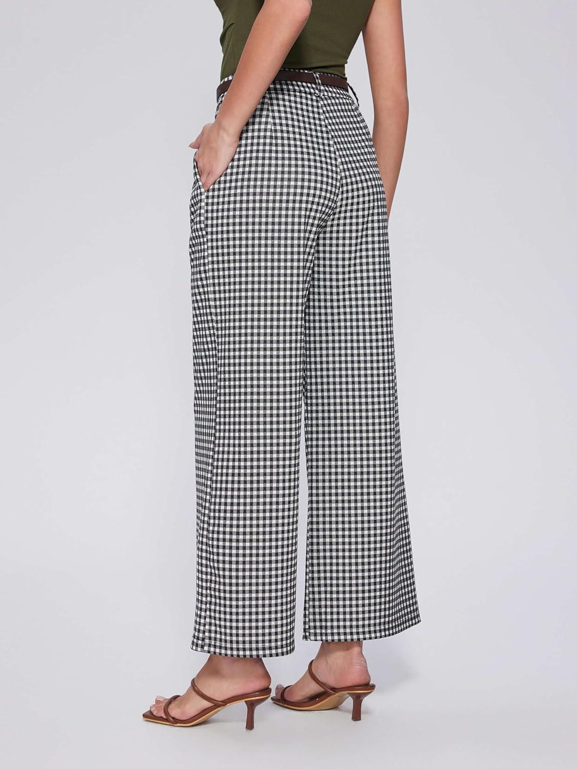 imageVinova Womens Wide Straight Leg Pants Summer Plaid Pleated High Waisted Casual Work PantsBlack