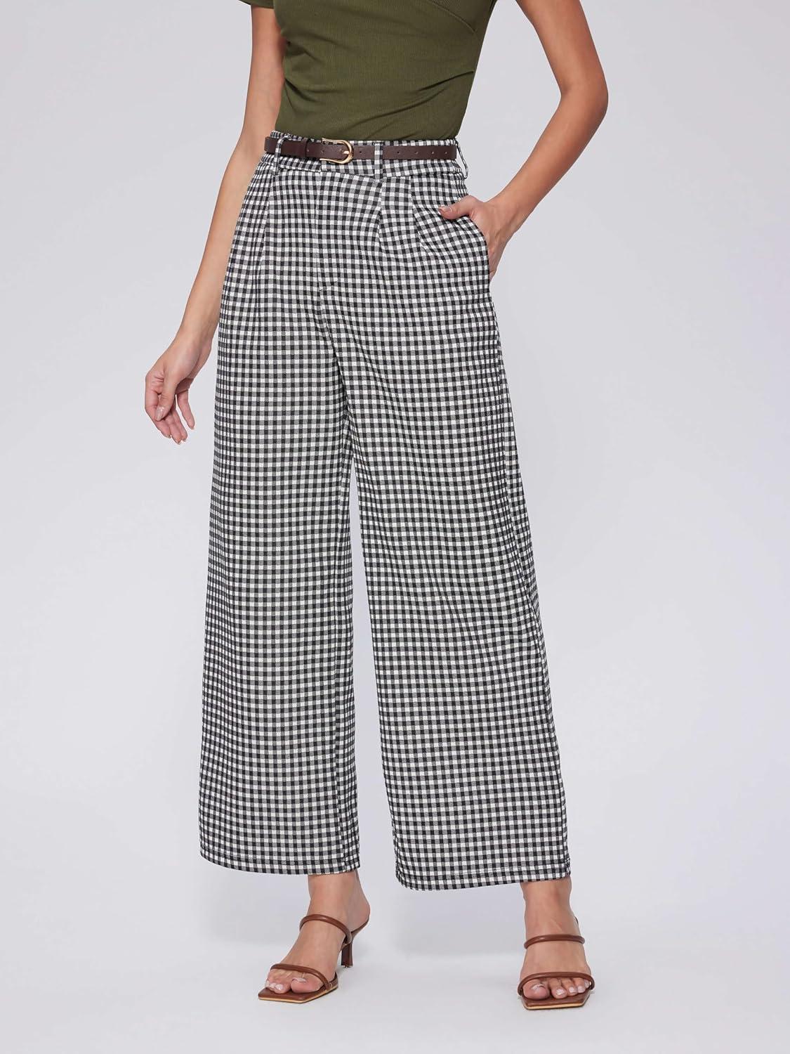 imageVinova Womens Wide Straight Leg Pants Summer Plaid Pleated High Waisted Casual Work PantsBlack