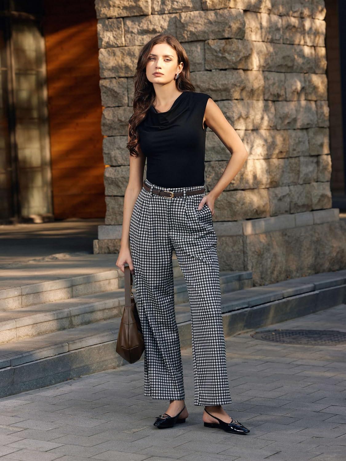 imageVinova Womens Wide Straight Leg Pants Summer Plaid Pleated High Waisted Casual Work PantsBlack