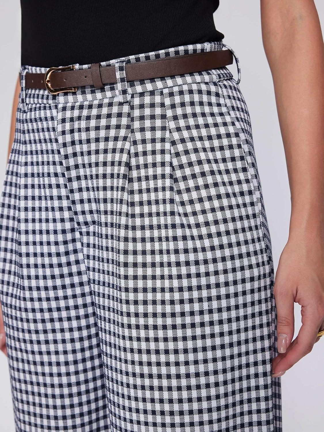 imageVinova Womens Wide Straight Leg Pants Summer Plaid Pleated High Waisted Casual Work PantsDark Navy