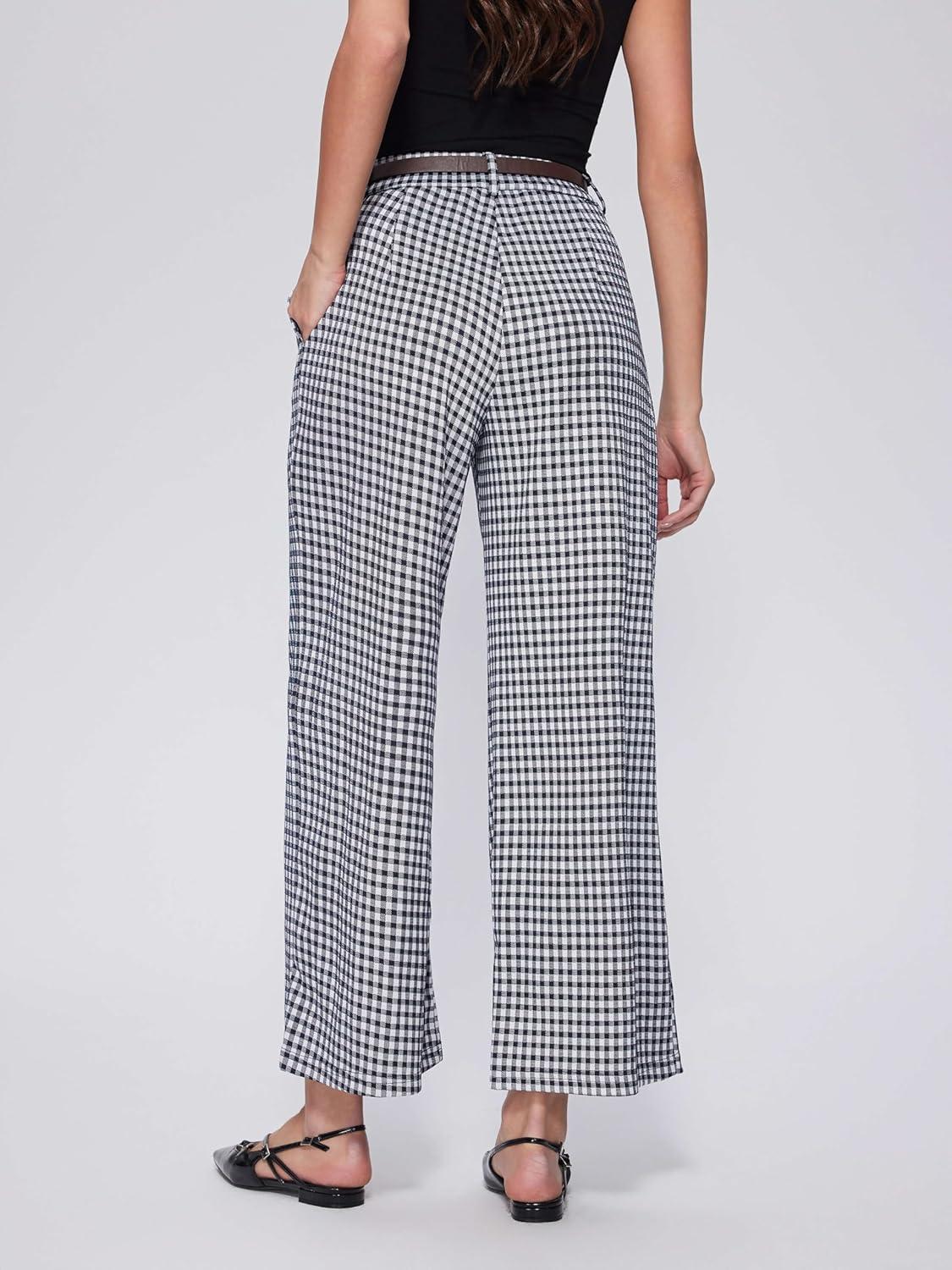 imageVinova Womens Wide Straight Leg Pants Summer Plaid Pleated High Waisted Casual Work PantsDark Navy