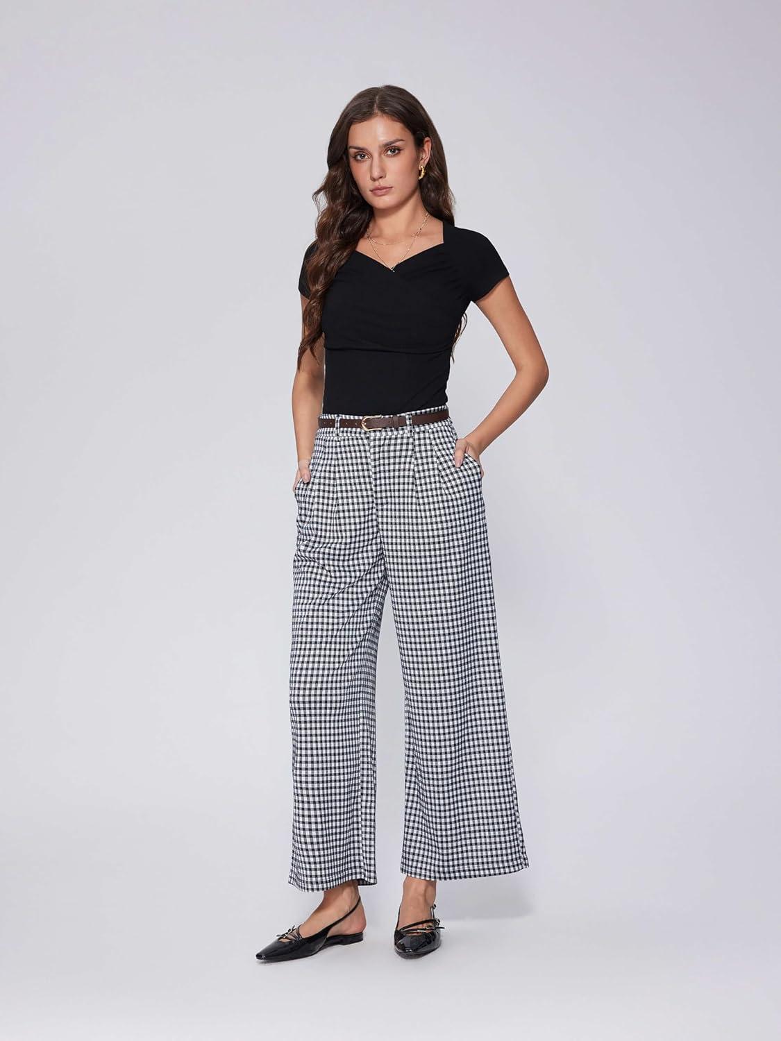 imageVinova Womens Wide Straight Leg Pants Summer Plaid Pleated High Waisted Casual Work PantsDark Navy