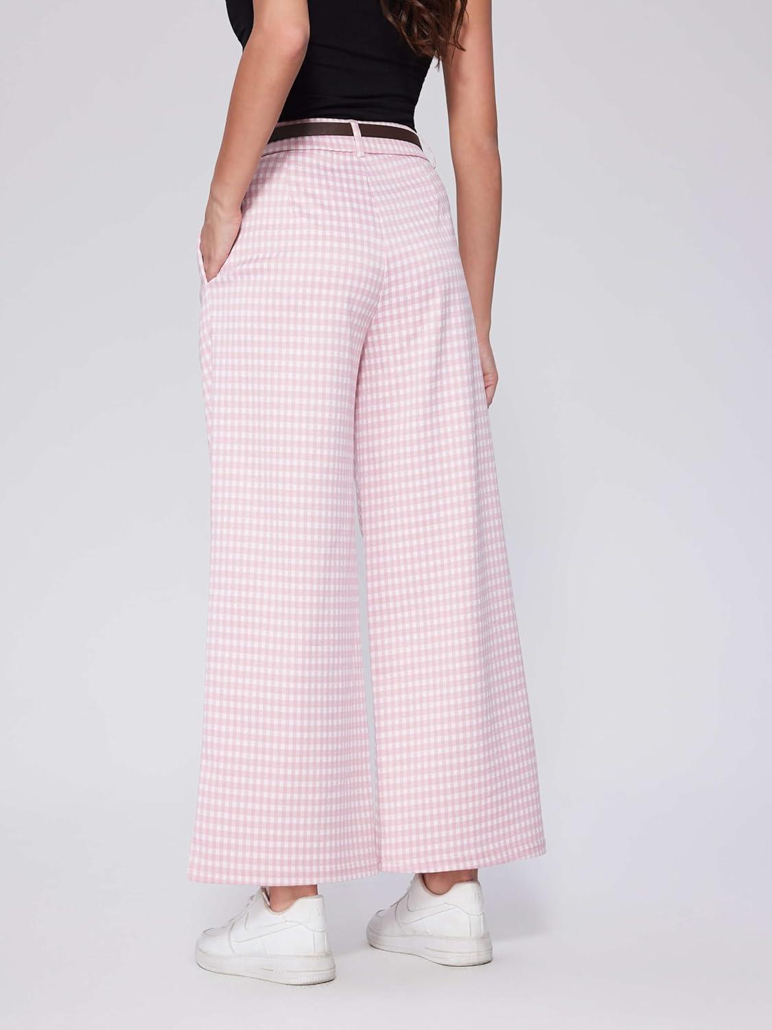 imageVinova Womens Wide Straight Leg Pants Summer Plaid Pleated High Waisted Casual Work PantsPink