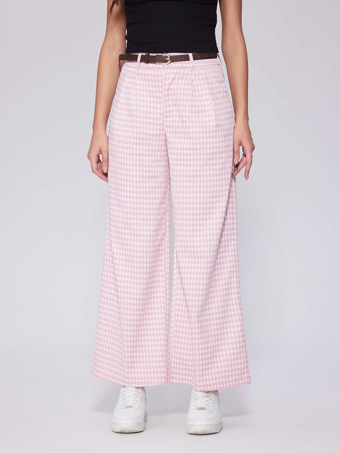 imageVinova Womens Wide Straight Leg Pants Summer Plaid Pleated High Waisted Casual Work PantsPink