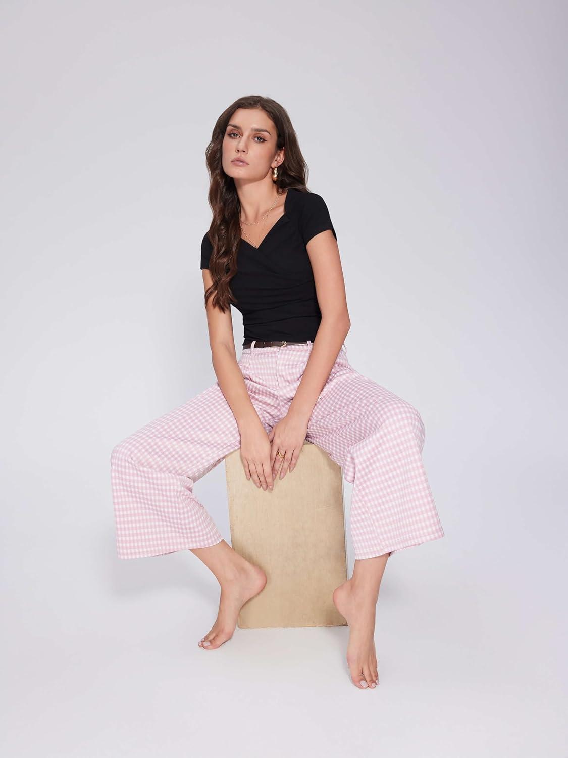 imageVinova Womens Wide Straight Leg Pants Summer Plaid Pleated High Waisted Casual Work PantsPink