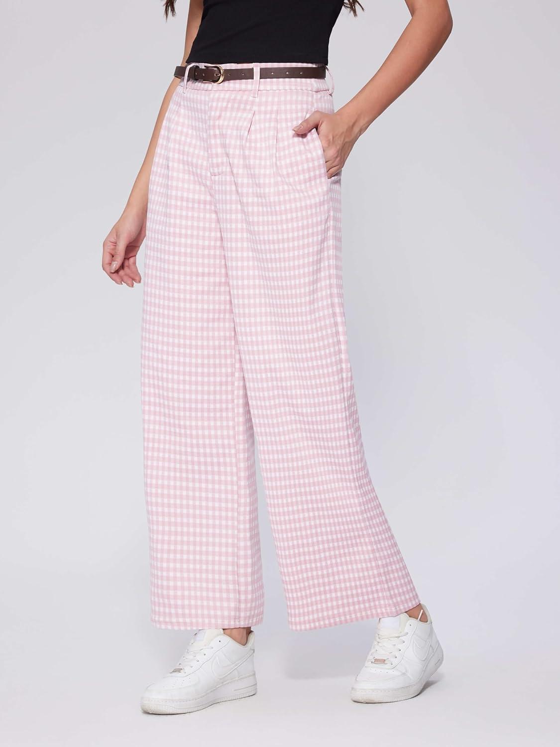 imageVinova Womens Wide Straight Leg Pants Summer Plaid Pleated High Waisted Casual Work PantsPink