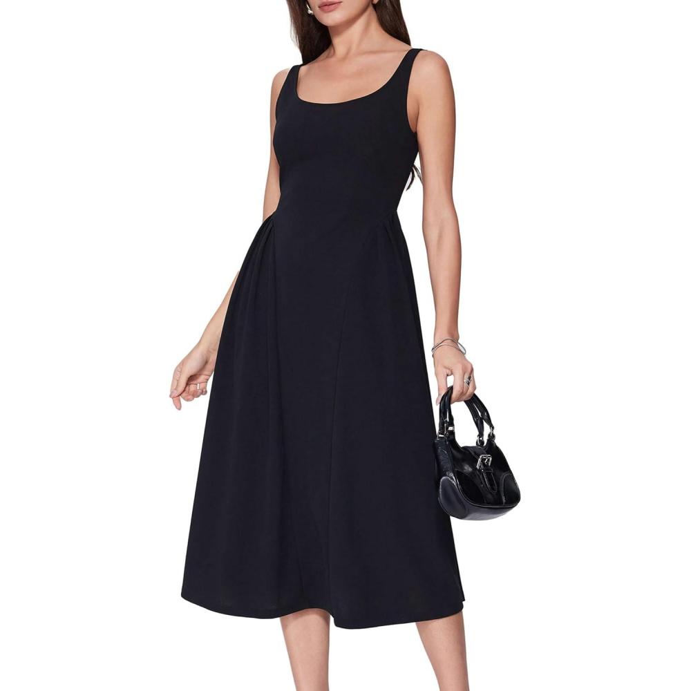 imageVINOVA Women Swing Tank Midi Dress Square Neck A Line Sleeveless Summer Party Elegant Casual DressesBlack