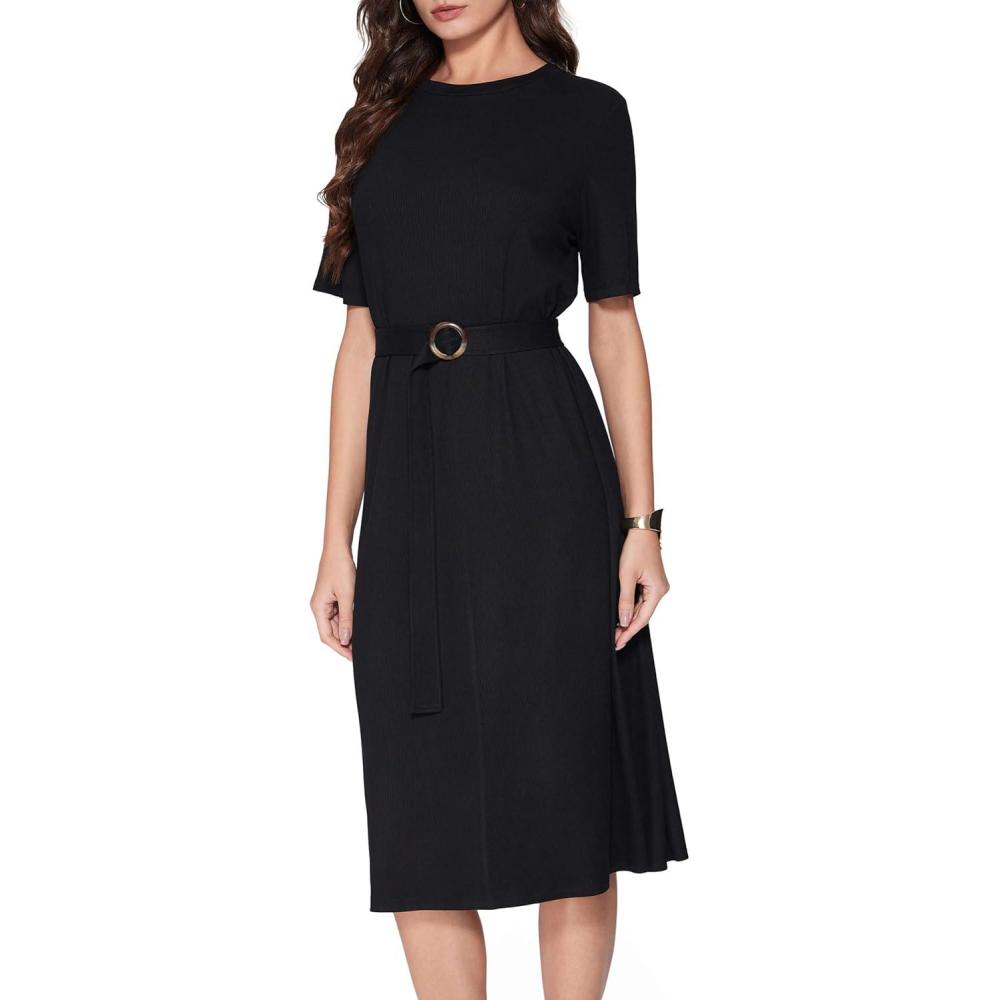 imageVinova Casual Dresses for Women Short Sleeve Midi Modest Crew Neck Summer Dress with BeltBlack