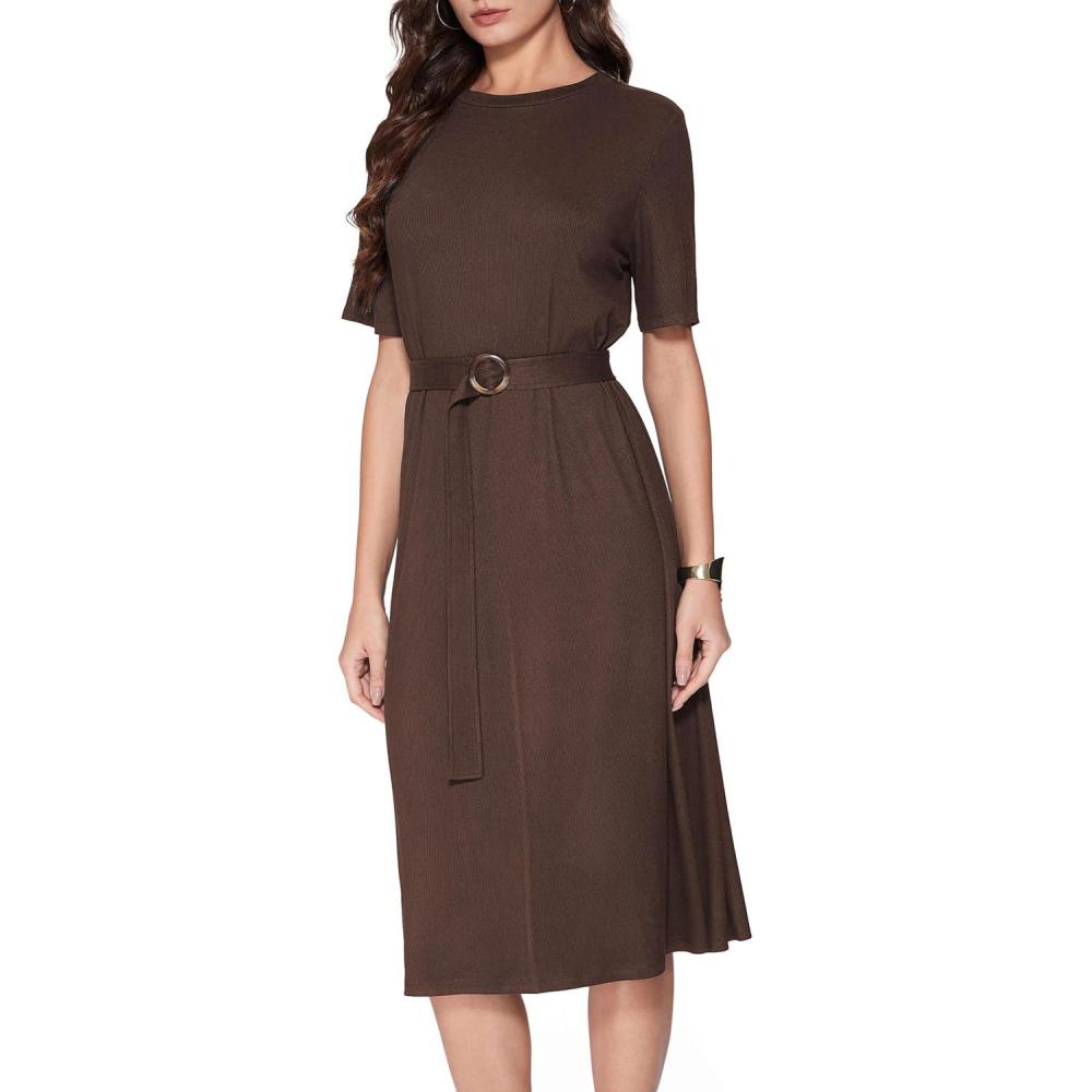 imageVinova Casual Dresses for Women Short Sleeve Midi Modest Crew Neck Summer Dress with BeltBrown