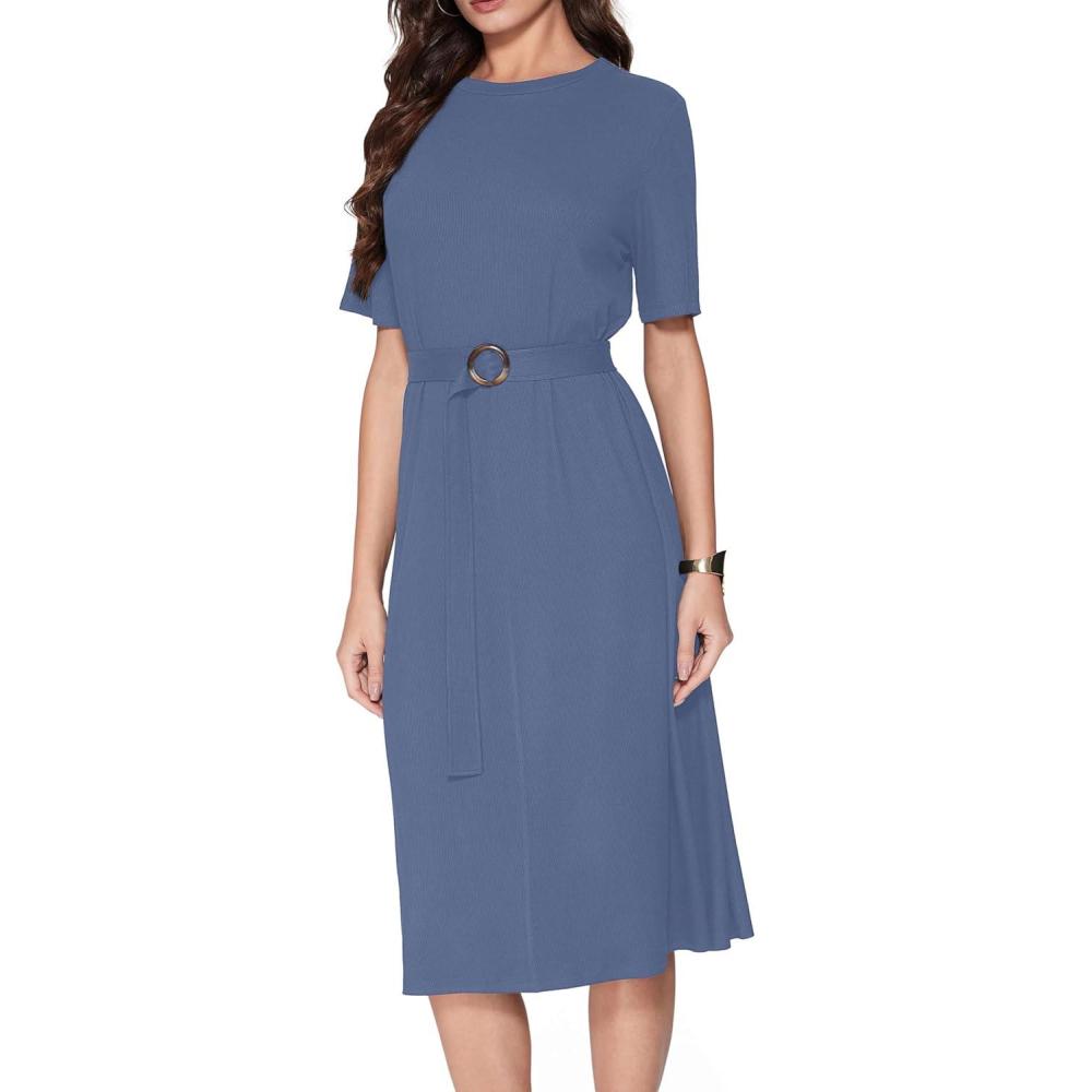 imageVinova Casual Dresses for Women Short Sleeve Midi Modest Crew Neck Summer Dress with BeltDenim