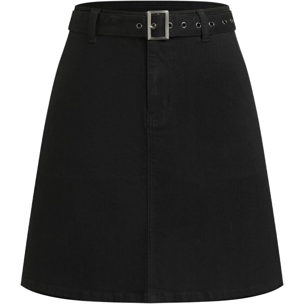imageVinova Denim ALine Skirt with Belt Womens Casual Fashion SkirtBlack