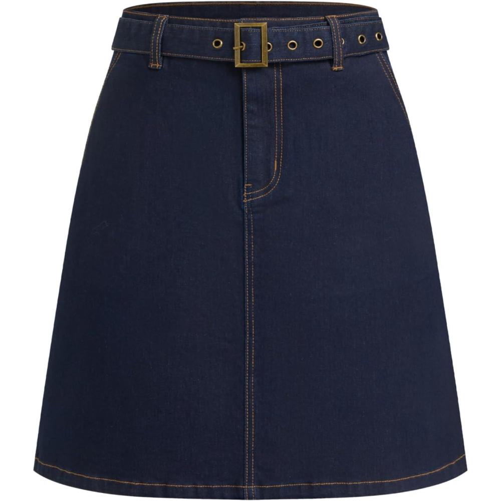 imageVinova Denim ALine Skirt with Belt Womens Casual Fashion SkirtDark Denim