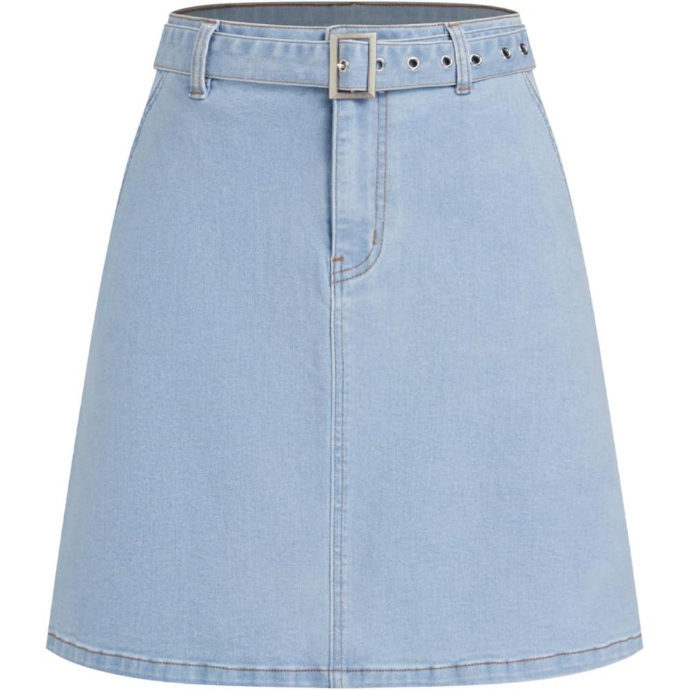 imageVinova Denim ALine Skirt with Belt Womens Casual Fashion SkirtLight Blue