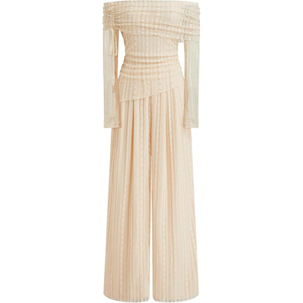 imageVinova Off Shoulder Lace Jumpsuit Long Sleeve Wide Leg Pant SetBeige