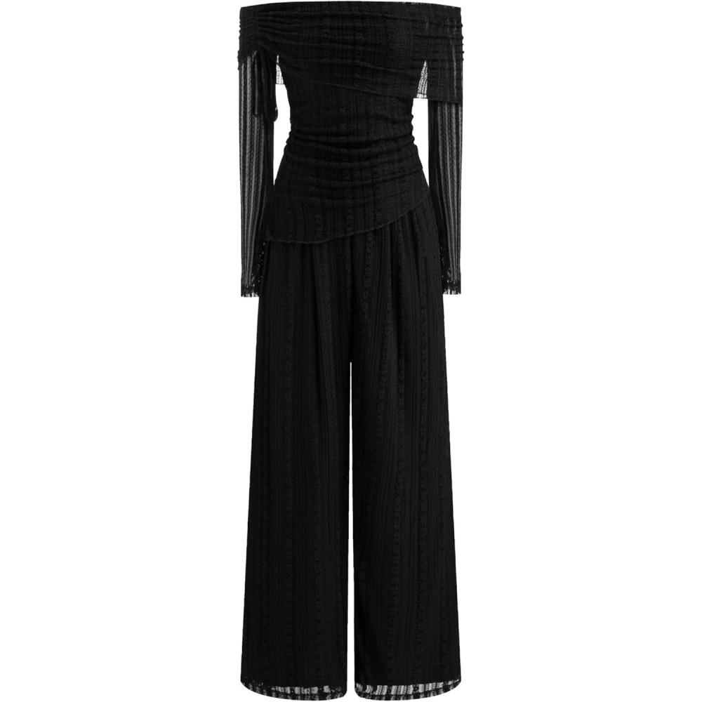 imageVinova Off Shoulder Lace Jumpsuit Long Sleeve Wide Leg Pant SetBlack