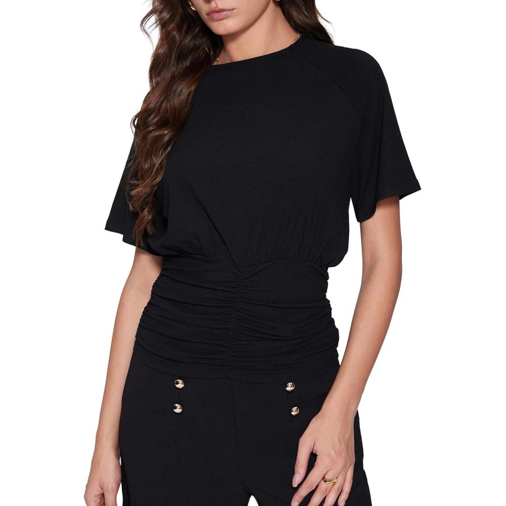 imageVinova Summer Tops for Women Crewneck Short Sleeve Corset Top Solid Business Casual T Shirts Trendy 2025Black