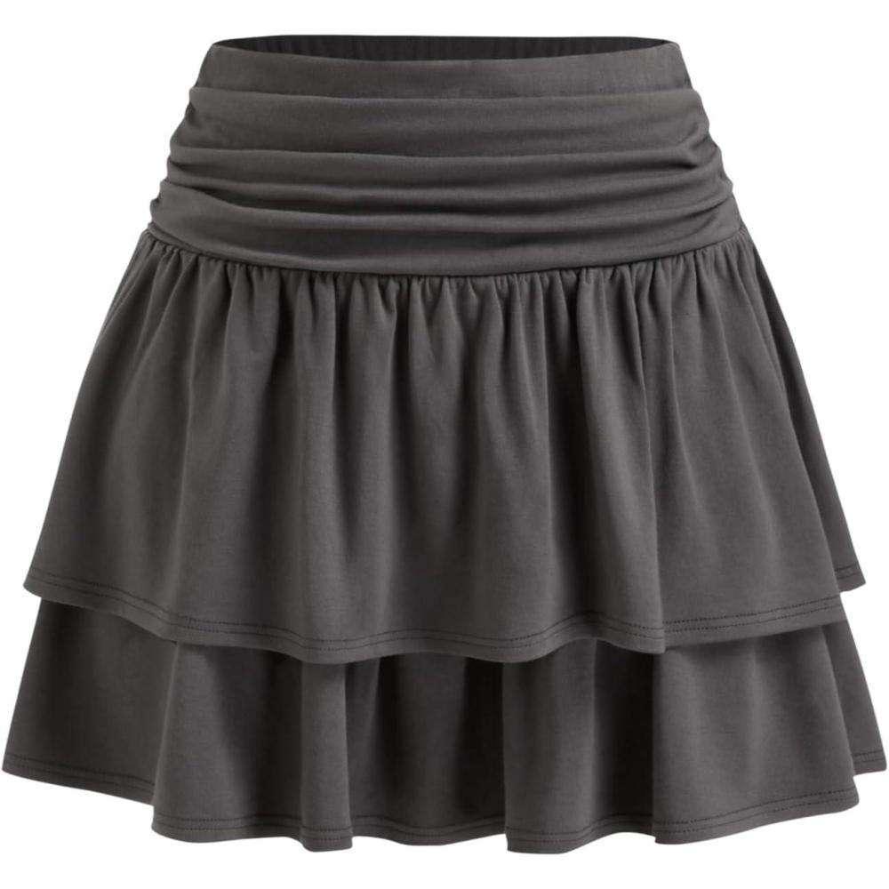 imageVinova Tiered Ruffle Mini Skirt High Waisted Ruched Skirt for WomenGrey