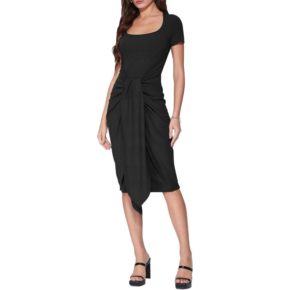 imageVinova Women Wrap Midi Dress Summer Square Neck Sundress Cocktail Bodycon Ruched DressesBlack