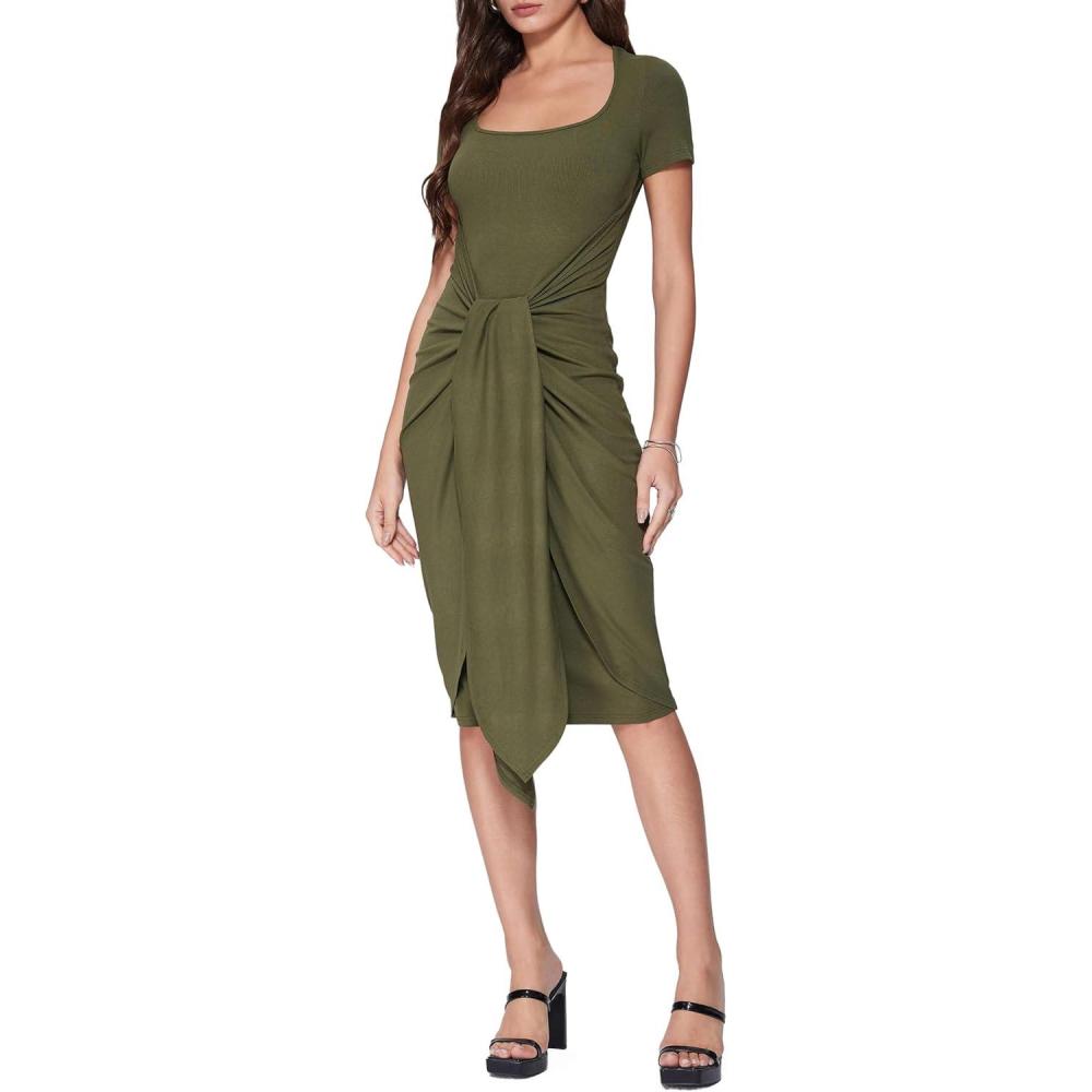 imageVinova Women Wrap Midi Dress Summer Square Neck Sundress Cocktail Bodycon Ruched DressesOlive Green