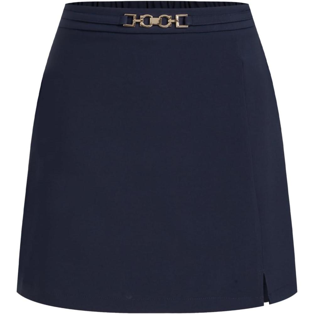 imageVinova Womens ALine Skirt Gold Buckle Detail Mini Business CasualDark Navy