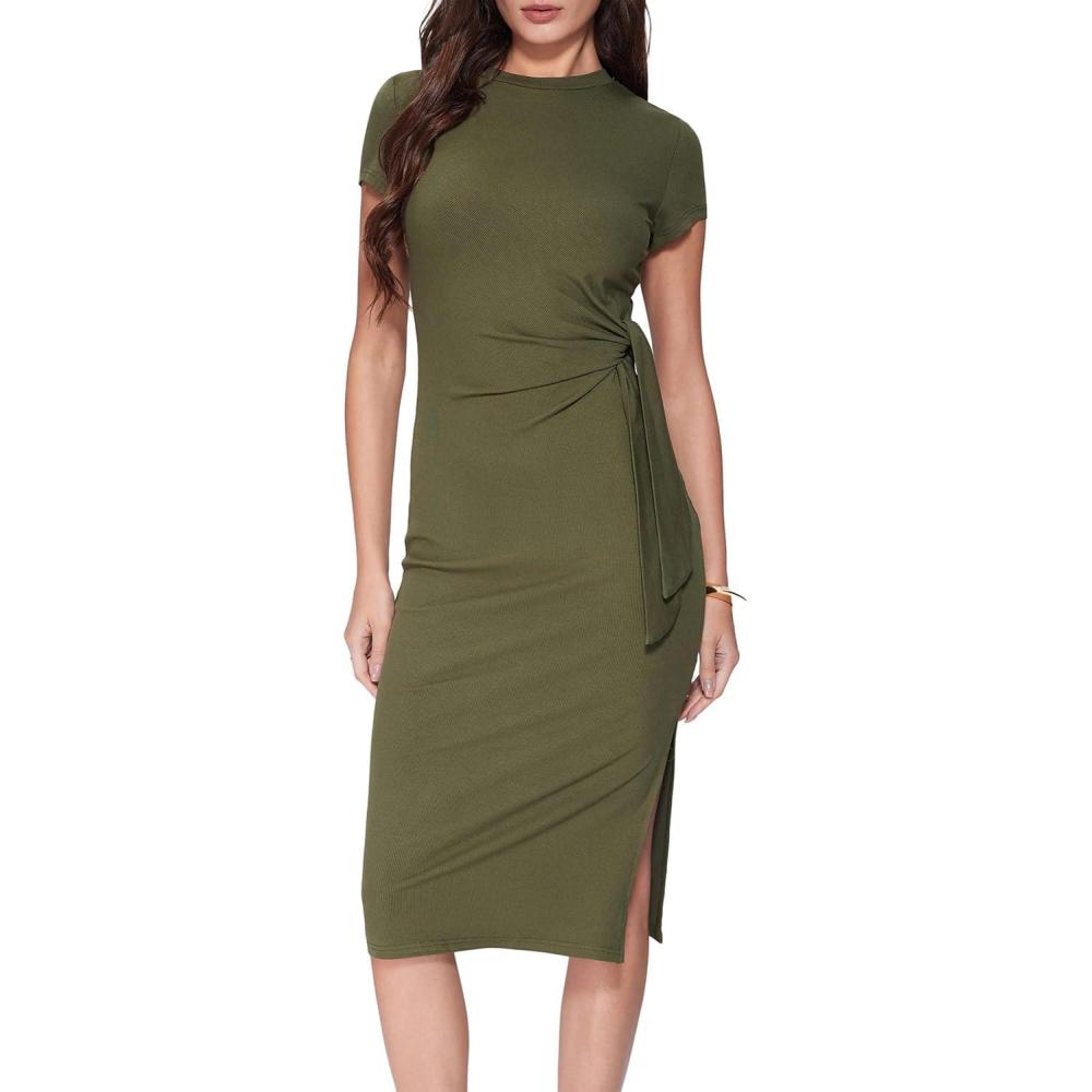 imageVinova Womens Casual Maxi Dress Short Sleeve Slit Ruched Bodycon Crew Neck Midi Dress Womens Summer Night Out SundressOlive Green