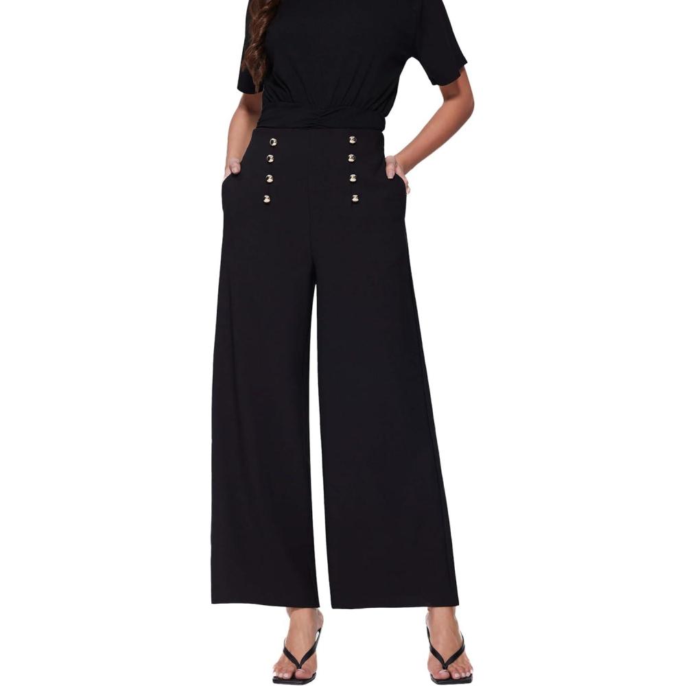 imageVinova Womens Dressy Pants Straight Wide Leg High Waisted Buttoned Stretchy Work Business Casual Outfits 2025Black