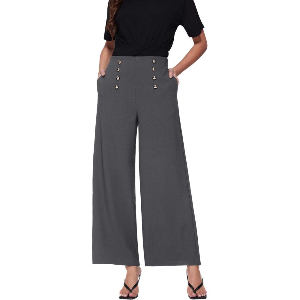 imageVinova Womens Dressy Pants Straight Wide Leg High Waisted Buttoned Stretchy Work Business Casual Outfits 2025Grey