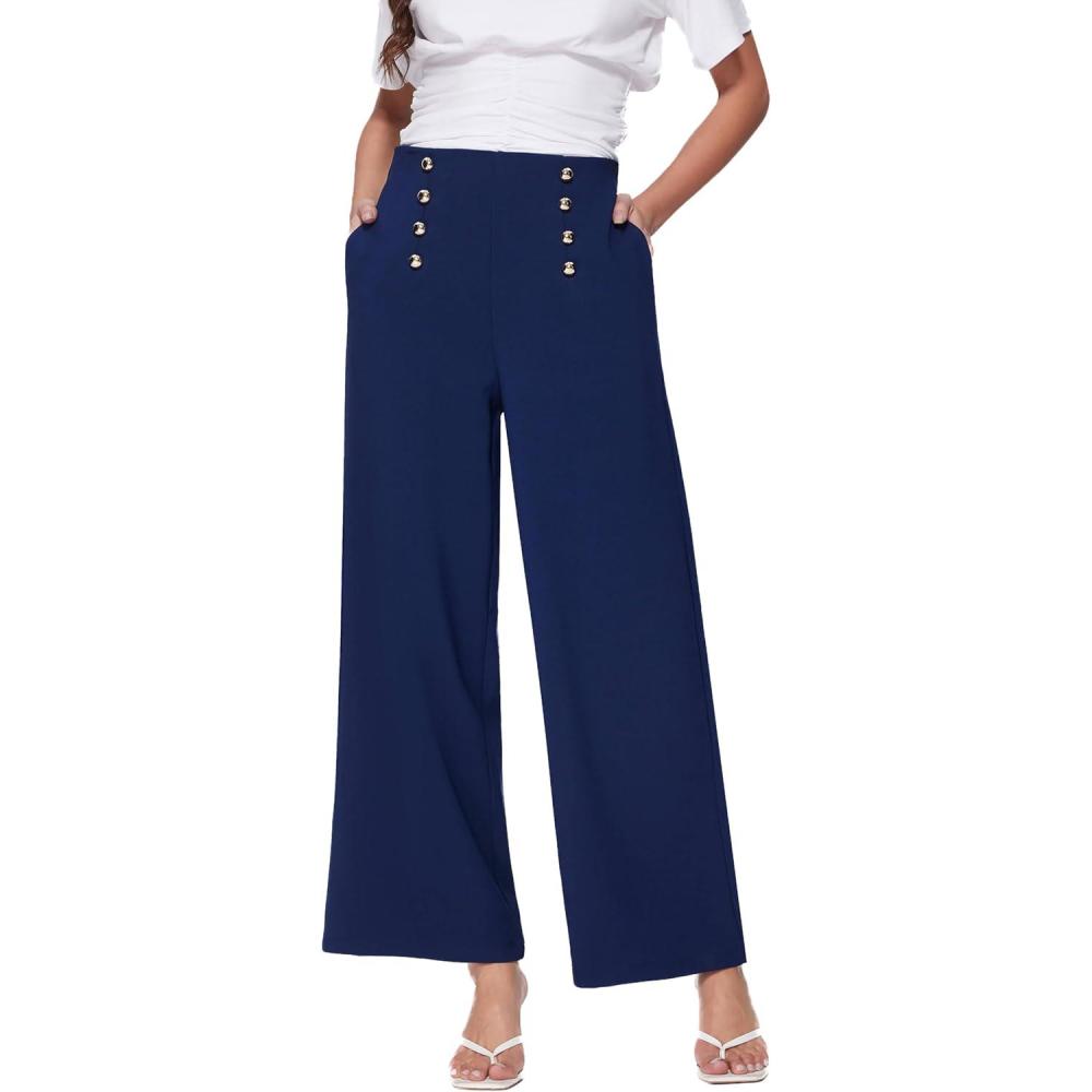 imageVinova Womens Dressy Pants Straight Wide Leg High Waisted Buttoned Stretchy Work Business Casual Outfits 2025Navy Blue