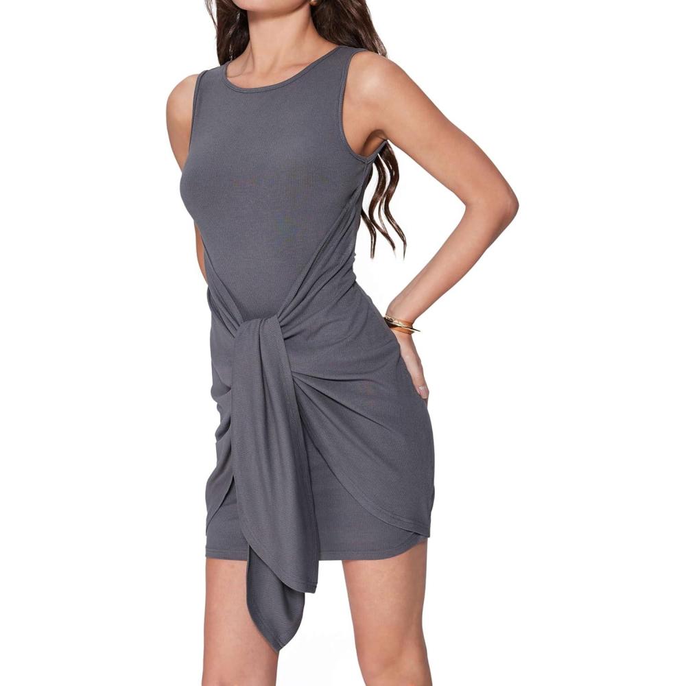 imageVinova Womens Mini Dress Casual Sleeveless Bodycon Dress Tie Front Wrap Ruched Dress Summer Party Going Out DressesGrey
