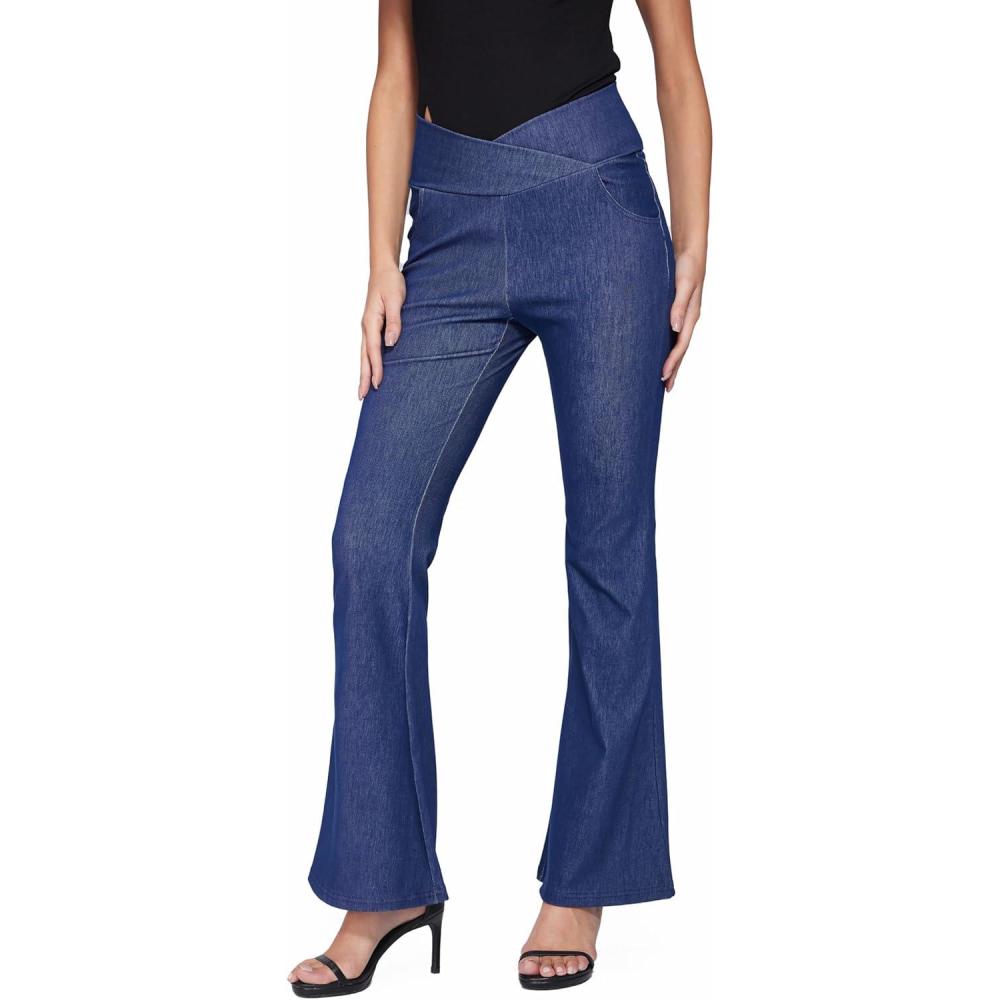 imageVinova Womens Pants Stretchy Flare Leg Bell Bottom Bootcut High Waisted Casual Jeans 2025Dark Denim