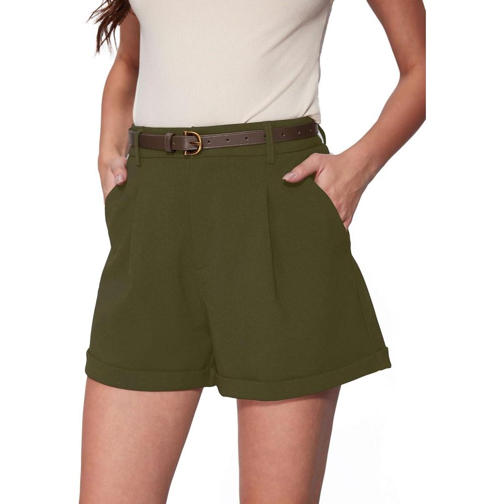 imageVinova Womens Shorts Dressy Casual Pleated Elastic High Waisted Trouser Wide Leg Work Trouser Shorts with Pockets ampamp BeltOlive Green