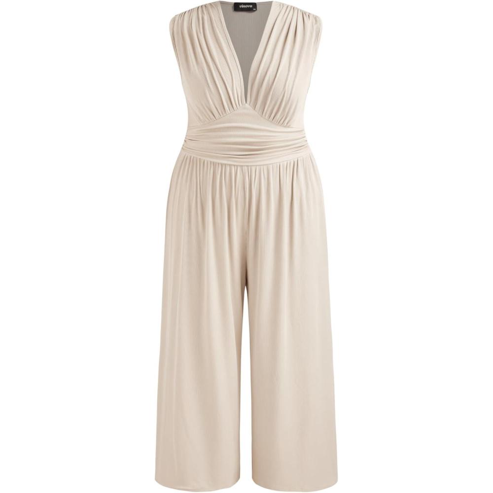imageVinova Womens Sleeveless Jumpsuit V Neck Wide Leg Romper Casual Outfit