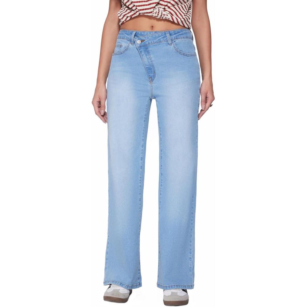 imageVinova Womens Straight Leg Jeans Stretchy Cross Fly High Waisted Wide Leg Baggy Casual Trendy Pants with PocketsBaby Blue