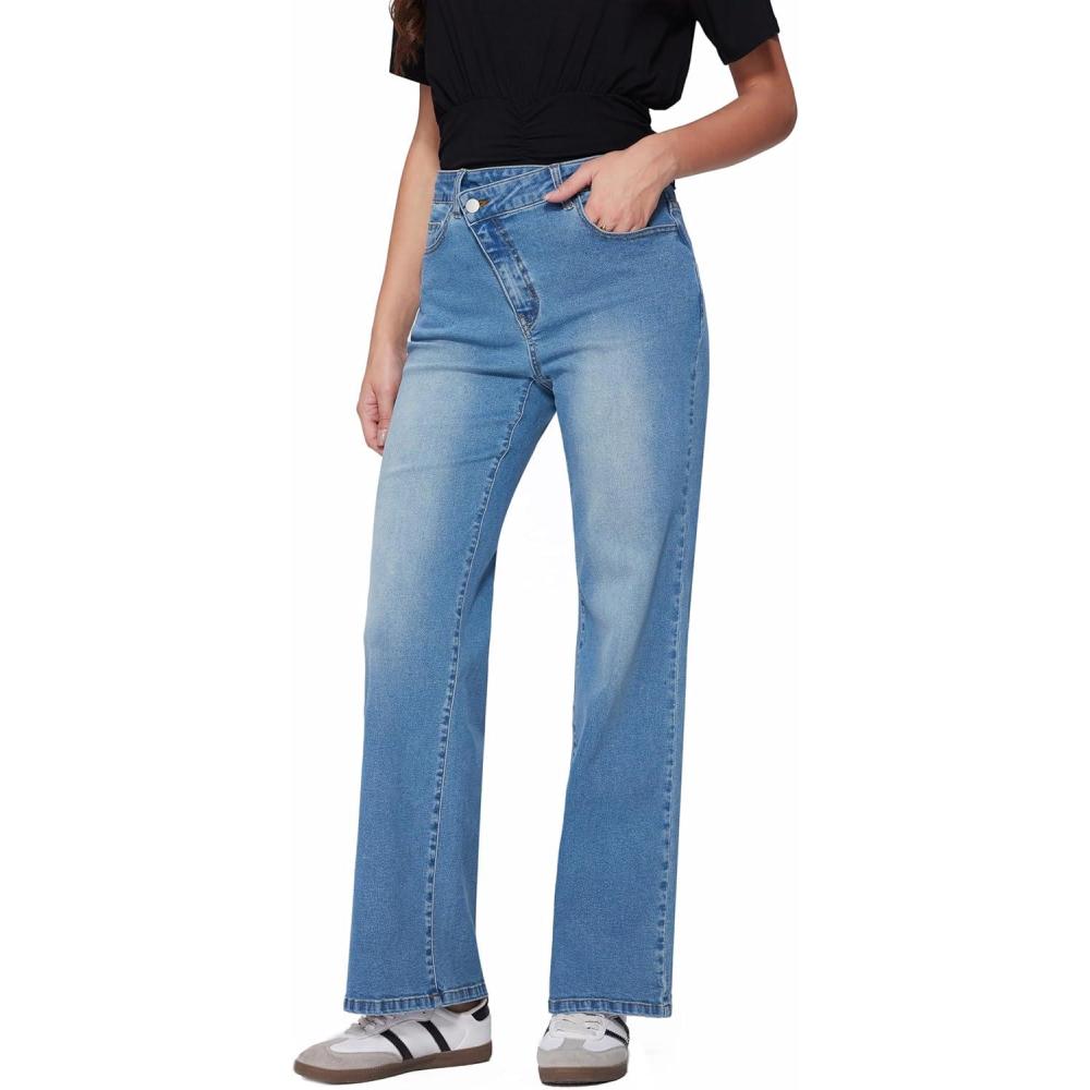 imageVinova Womens Straight Leg Jeans Stretchy Cross Fly High Waisted Wide Leg Baggy Casual Trendy Pants with PocketsIndigo