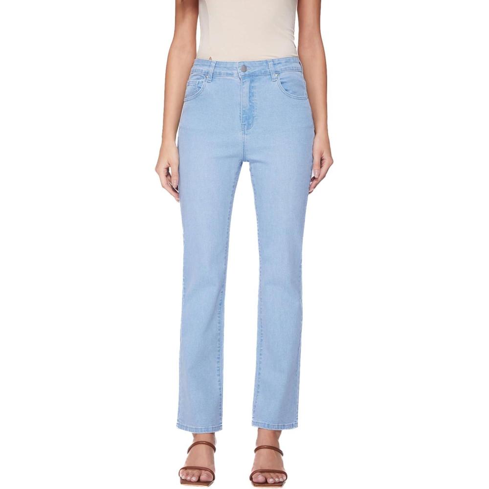 imageVinova Womens Straight Leg Jeans for Women Stretchy Mid Waisted Trendy Denim Pants Bottoms with PocketsLight Blue