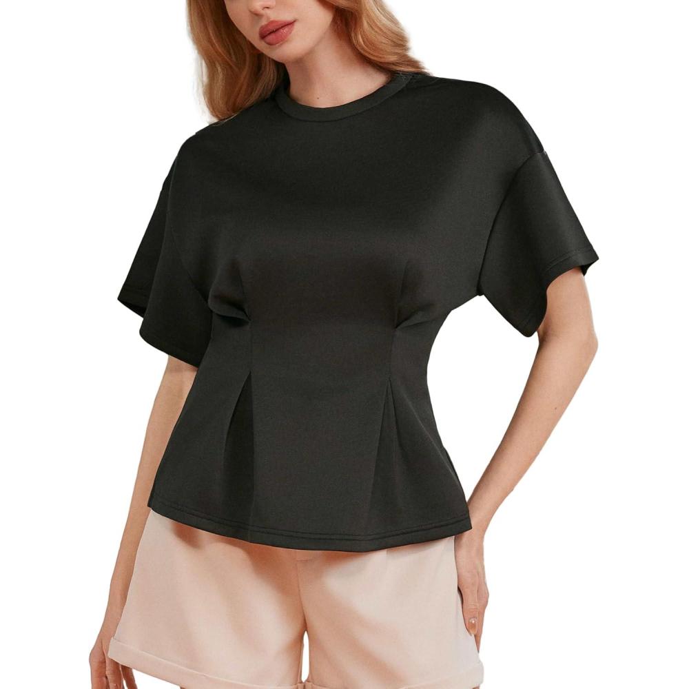 imageVinova Womens Summer Tops Short Sleeve Flared Hem T Shirts Blouses Crew Neck Tee Business Casual OutfitsBlack